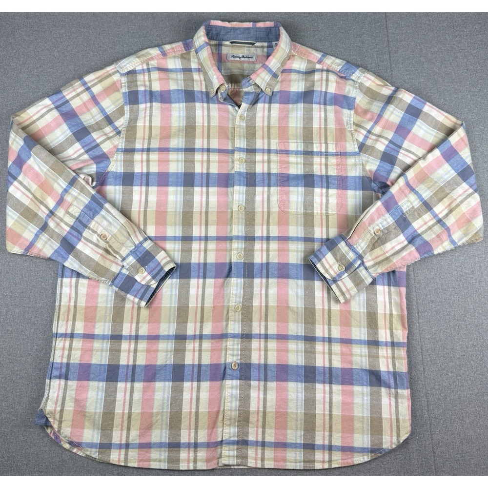 Tommy Bahama Mens XL Plaid Button Down Shirt Pink Blue Long Sleeve Casual